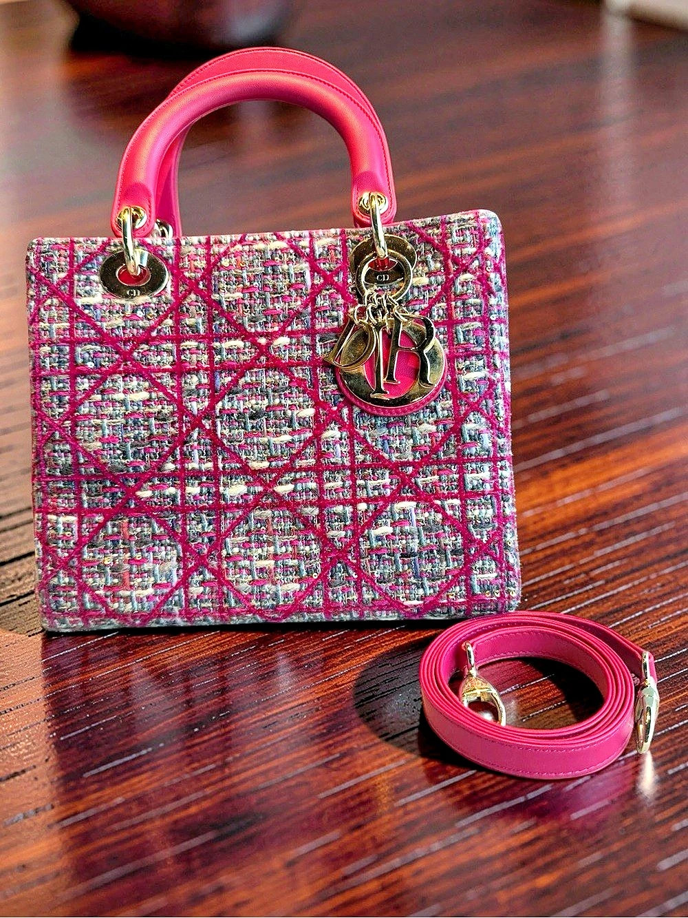 Christian Dior Lady Dior Tweed Satchel in Pink & Gray Like New